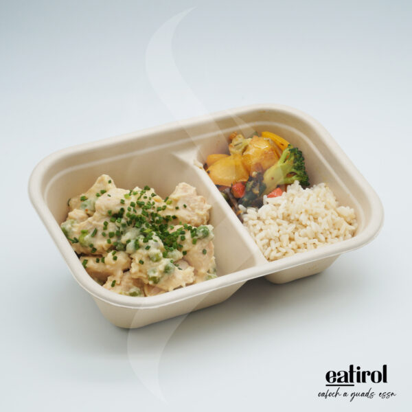 Hühnerfrikassee mit Langkornreis und Grillgemüse